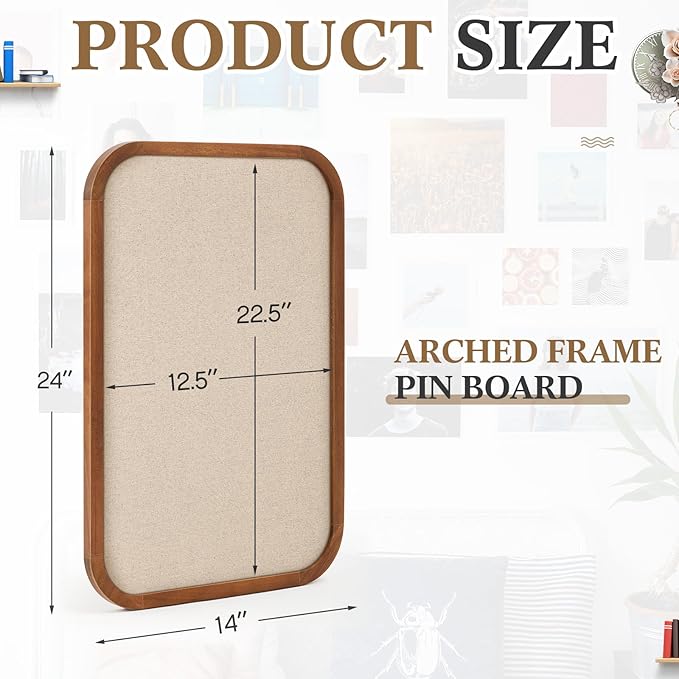 Vintage Framed Pin Board Linen Display Bulletin Board Large Cork Fabric Picture Photo Pinboard Memo Ornate Decorative Pinboard Ornate for Wall Gift(Rectangle,14''x24'',Light Brown)