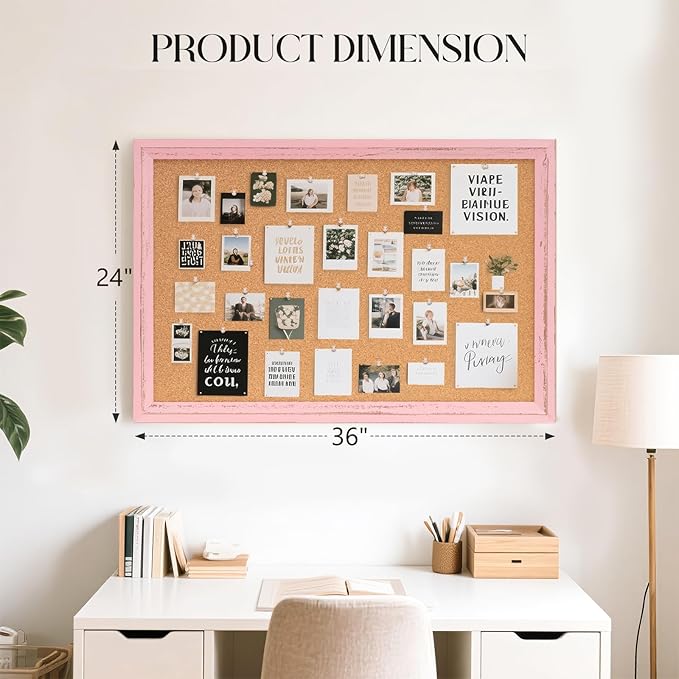 Cork Bulletin Board, 36" x 24" Corkboard for Wall, Pink Wooden Frame, Hanging Pin Board Tack Board for Home Office Decor, 10 Push Pins