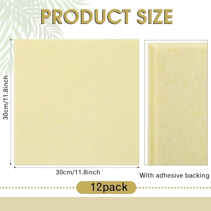 Honoson 12 Pack 47"x35" Large Cork Boards Tiles Alternative Felt Wall Tiles Bulletin Board with Safe Adhesive Cork Board Squares for Walls Organize Home Office Classroom Pin Photo Panels(Light Yellow)