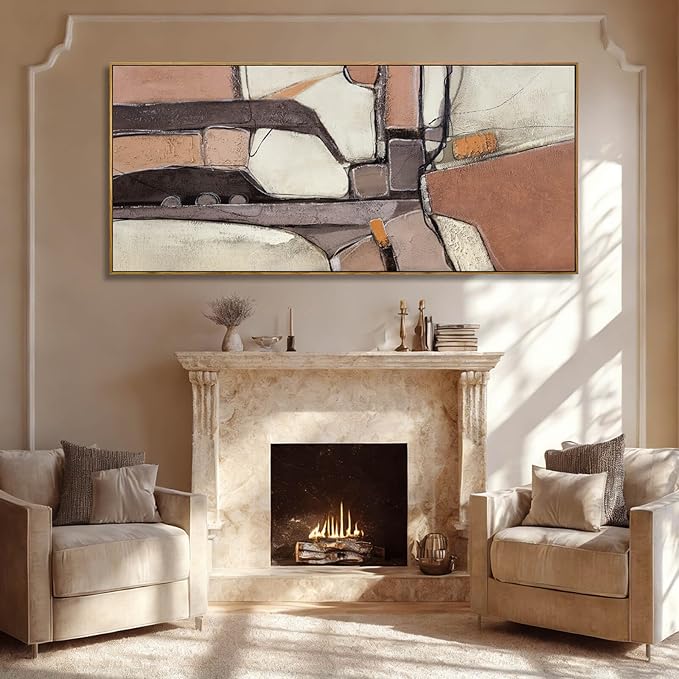 ZENPEE Brown & Grey Abstract Canvas Wall Art 32x71, Neutral Off-White Geometric Design with Wooden Frame, Modern Oversized wall art for living room