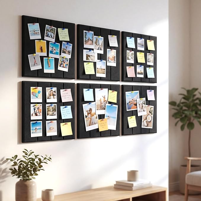 Felt Bulletin Board Tiles 36" x 24", 6-Pack Cork Board for Office, Pin Board with 30 Pushpins Cork Boards for Office Decor Walls Organizer, 40 Adhesive Tabs Included - Black