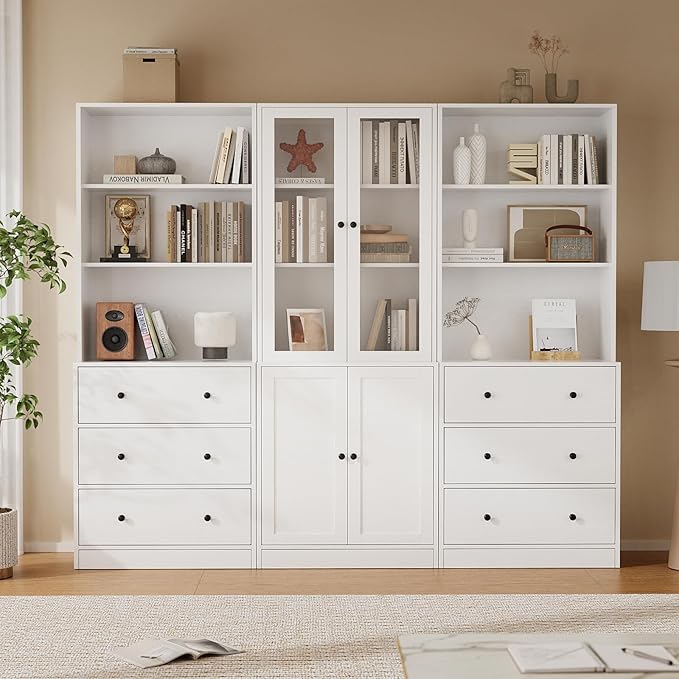 TUSY 71" H Bookshelf with Storage, 6-Tier Modern Bookshelves with 3 Large Drawer, Display Bookcase with Glass Doors, Modern 5-Tier Curio Cabinet for Home Office, Dining Room (White, BAB)