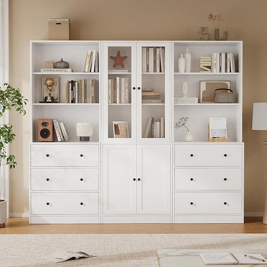 TUSY 71" H Bookshelf with Storage, 6-Tier Modern Bookshelves with 3 Large Drawer, Display Bookcase with Glass Doors, Modern 5-Tier Curio Cabinet for Home Office, Dining Room (White, BAB)