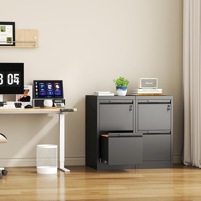 2 Drawer File Cabinet with Lock, Heavy Duty Steel Under Desk Vertical Filing Cabinet for Home Office Use, Printer Stand with Drawers, for A4/Letter-Size Files, Easy to Assemble,Black