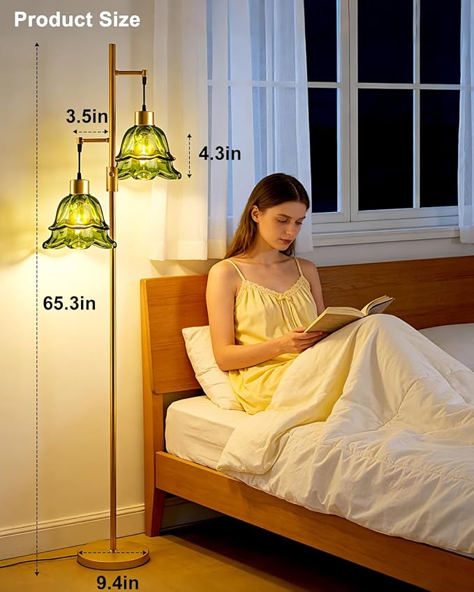 Lightdot 65IN Gold Flower Floor Lamp for Living Room, 2- Light Dimmable Floor Lamps with Green Glass Lampshade, 3000K Warm White Modern Standing Tall Lamp for Bedroom Sofa Beside Corner Decor