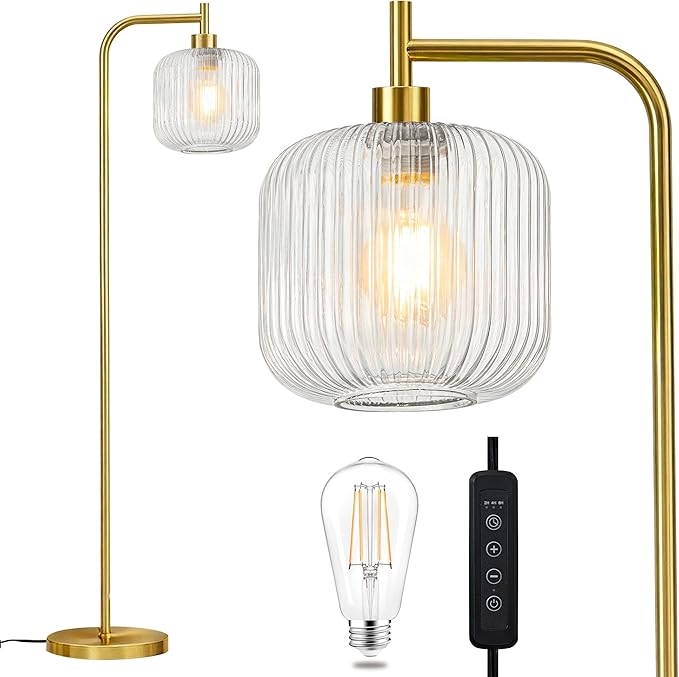 MAYNA Mid Century Modern Floor Lamp, Clear Ribbed Glass Standing Lamp with Built-in Timer Switch, Gold Tall Vintage Lamps for Living Room Bedroom, 2700K LED Bulb Included