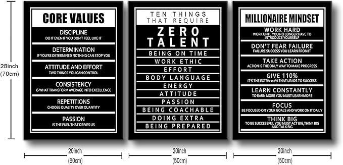 Inspirational Canvas Wall Art 3 Pieces Motivational Quote Picture Painting Ten Things That Require Zero Talent and Core Values Print Poster for Office Living Room Artwork Ready to Hang [60''Wx28''H]