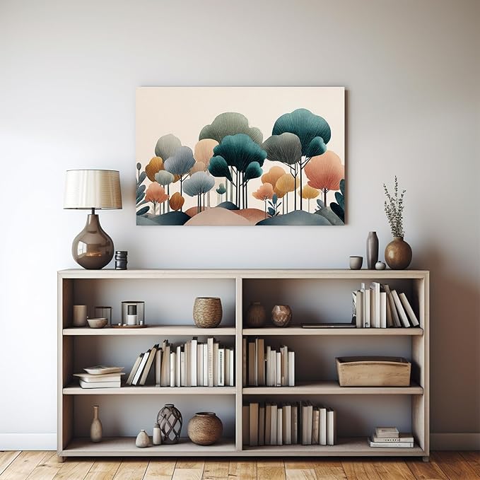 gaosoul Modern Abstract Canvas Wall Art Oil Painting Giclee Print of Geometric Forest in Teal Pink Amber with Black Trunks Serene Beige Background for Living Room Bedroom Decor Framed 48x32in