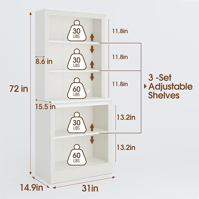 72" Tall Bookcase, White Large Floor Standing Bookshelf, 5 Tier Shelves Open Storage Organizer, Book Case for Living Room Hallway Kitchen Home Office Bedroom, White - 5 Tier