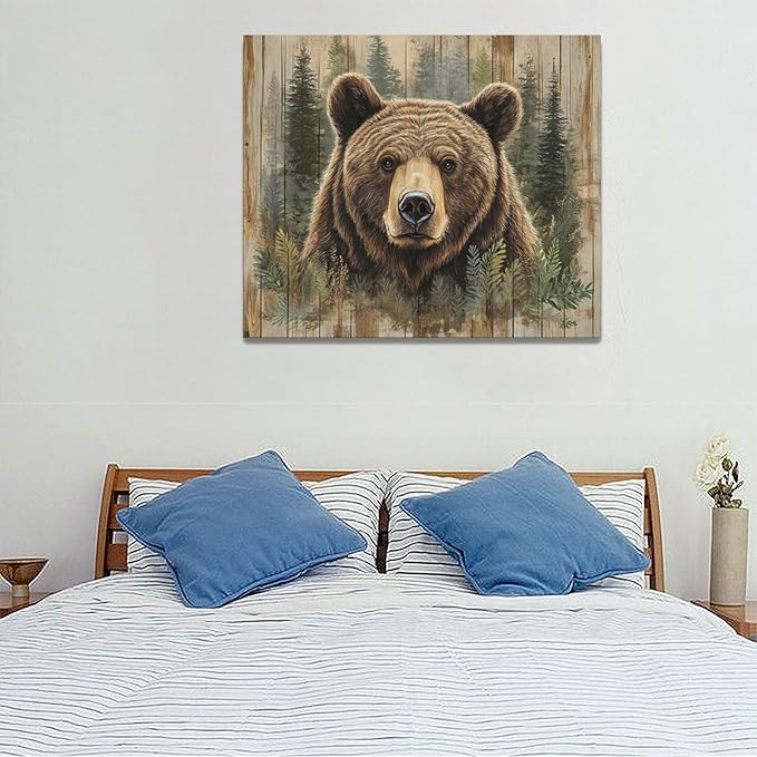 Farmhouse Bear Wall Art Rustic Forest Pictures Decor Woodland Wildlife Painting Canvas Print Modern Home Decoration Artwork for Living Room Bathroom Bedroom Office Framed 24"x20"