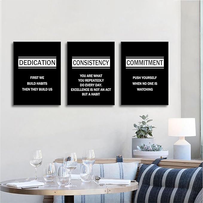 Dedication Consistency Commitment Motivational Canvas Wall Art Office Decor 3 Pieces Inspirational Quotes Posters Print Artwork for Bedroom Home Bathroom Wall Picture Ready to Hang [36''W x 16''H]