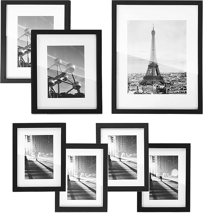 SONGMICS Picture Frames with 7 Mats, Set of 7 Collage Photo Frames, One 11x14, Two 8x10, Four 6x8 Frames, Hanging or Table Display, Glass, Black URPF37BK