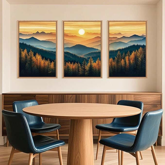 Large Boho Sunrise Mountain Framed Canvas Wall Art,Abstract Nature Forest Wall Decor,Foggy Pine Tree Painting,Retro Landscape Artwork for Living Room,Bedroom,Dining Room,Office -24"x36"x3
