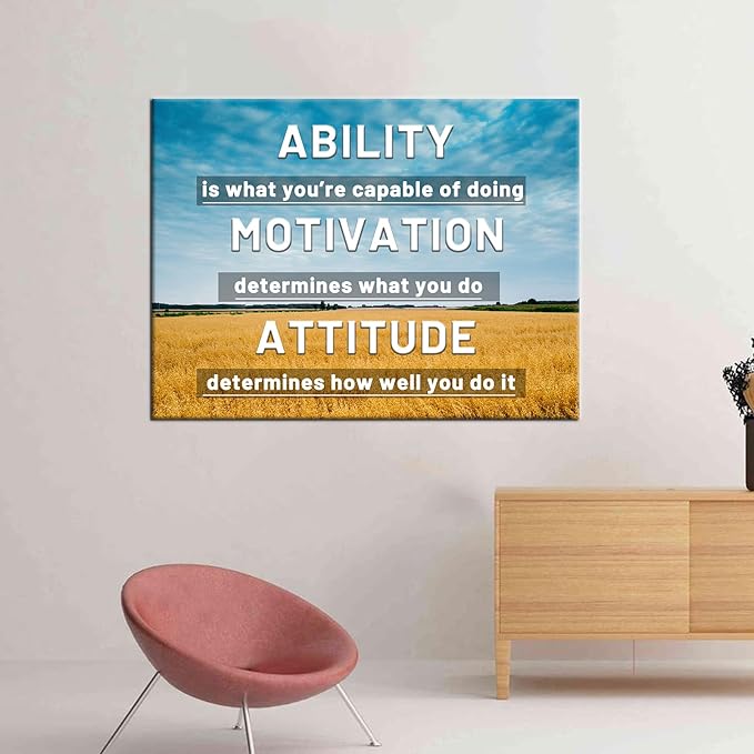 Ability Motivation Attitude Inspirational Canvas Wall Art Motivational Picture Print Field Background Poster Painting Wall Decor for Living Room Office Workplace Stretched and Framed [40''Wx 30''H]
