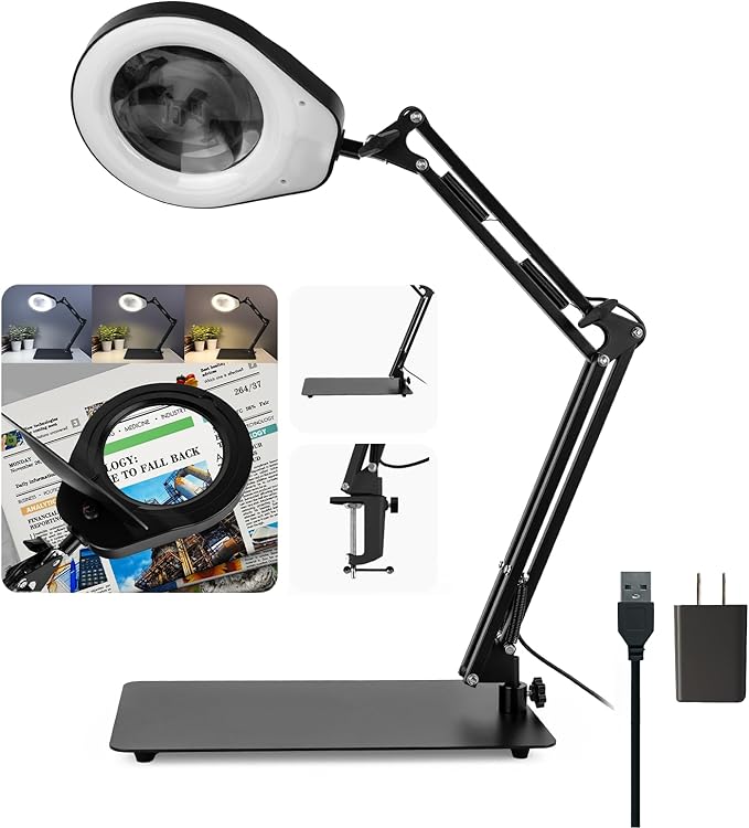 10X Magnifying Glass with Light and Stand,Dimmable Flexible Magnifying Craft Ligh, LED Lighted Magnifier Hands Free for Close Work Craft Reading Painting Hobby (Black-05)