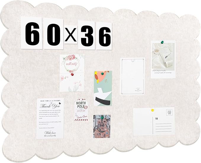 Scalloped Felt Bulletin Board 60 x 36 Inches Foldable Beige Pin Cork Board Alternative for Wall, 5' x 3' Trifold Picture Vision Self Adhesive Bulletin Decorative