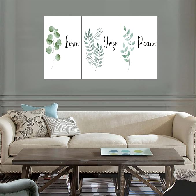 3 Piece Inspirational Wall Art, White Plants Background Picture, Quotes "Love Joy Peace" Canvas Print for Bedroom Decor, Triptych Entrepreneur Painting Framed Artwork for Gym Wall Decor (72"Wx36" H)