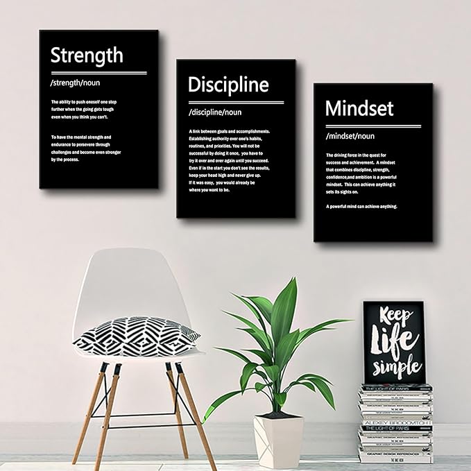 Inspirational Canvas Wall Art Strength Discipline Mindset 3 Pieces Poster Print Motivational Quotes Office Decor Picture Painting Artwork for Modern Home Bedroom Bathroom Ready to Hang [36''W x 16''H]