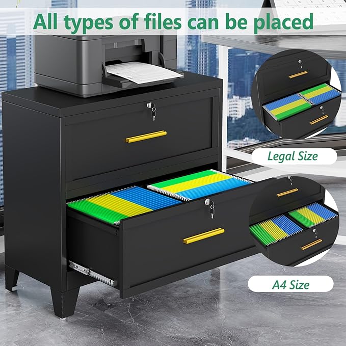 Metal Lateral File Cabinet with Lock,2 Drawer Steel Wide Filing Organization Storage Cabinets,Filing Cabinet for Legal/Letter/A4/F4 Size with Hanging Files&Key,Lockable Cabinet for Home Office