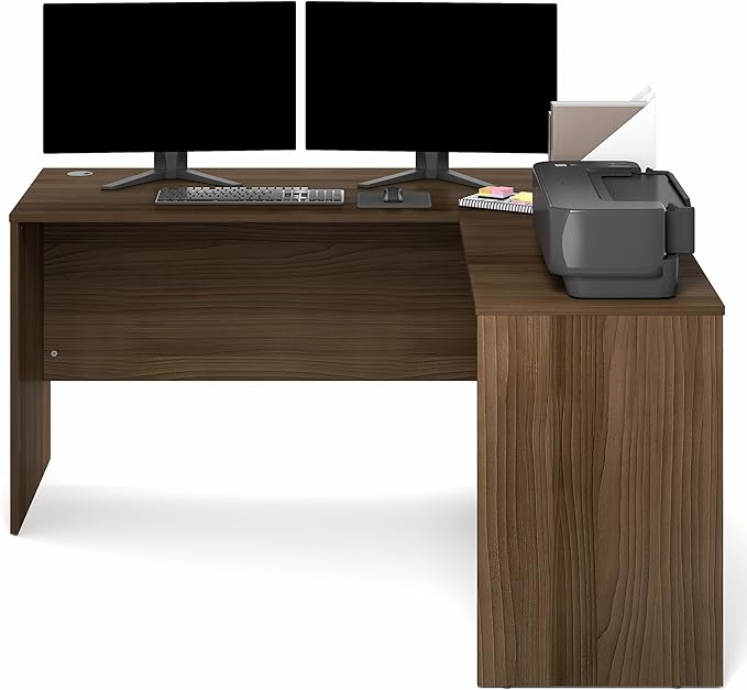 Furinno Roger 60 Inch L-Shaped Office Desk, Executive Desk with Reversible Desk Return, Modesty Panel, Desk Cord Grommet, Scratchproof, for Home Office, Modern Walnut