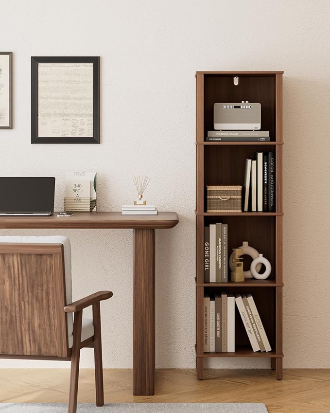 Bookshelf, Modern 4-Tier Bookcase, Open Storage Book Shelf, 11 × 14.2 × 50.4 Inches, Small Narrow Bookshelves for Living Room, Home Office, Bedroom, Walnut