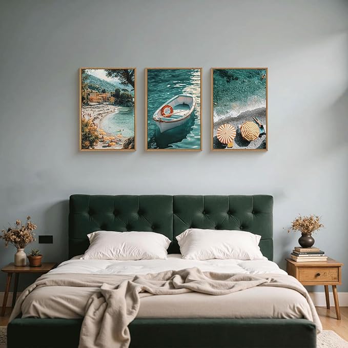 Aryroi Italy Spring Coastal Seascape Framed Canvas Wall Art Set,Mediterranean Amalfi Italian Blue Green Seaside Beach Decor,Natural Foreign Travel City Summer Artwork for Living Room,Farmhouse- 16"x24"x3
