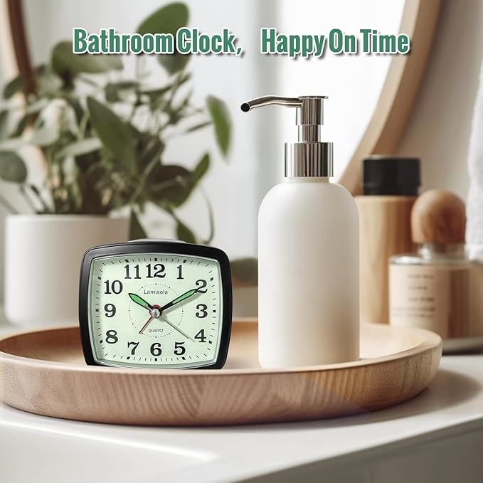 Small Battery Alarm Clock for Bedrooms, Analog Travel Clocks, Bedside Desk Table Clock for Room Decor, Slient, Big Numbers for Seniors, Gently Ascending Alarm for Heavy Sleepers, Black