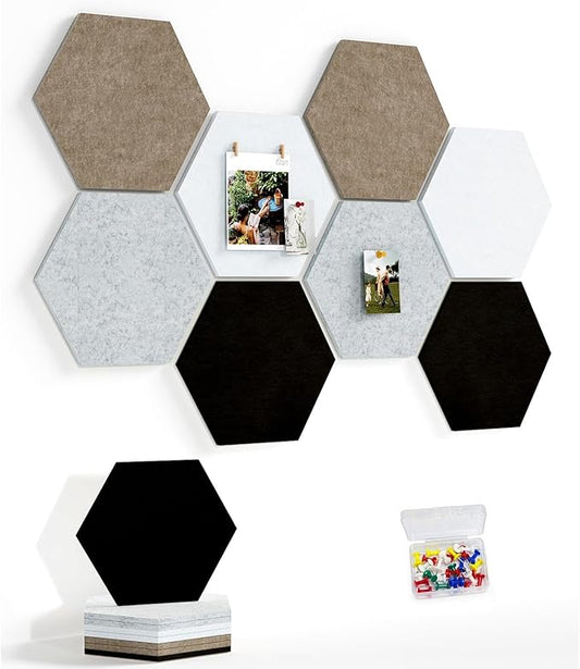 12" Large Bulletin Board with 30 Push Pins, Pack of 8 Hexagon Felt Pin Board Notice Boards for Home Office Kitchen, Felt Wall Tiles for Photos Memos