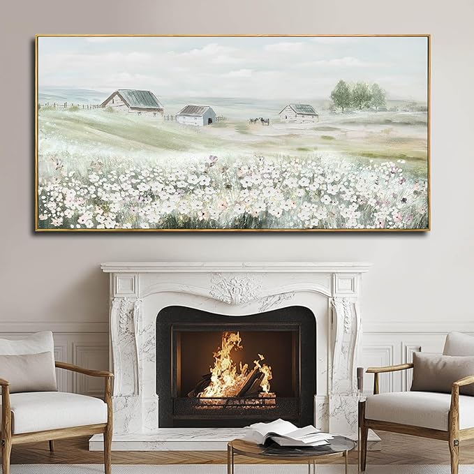 Modern Farmhouse Wall Art White Floral Wall Decor Green Print Pictures Framed Arts Extra Large Artwork 36"x70"