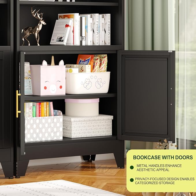 Metal Bookcase with Doors, 71" Tall Bookcase with Storage, Floor Industrial Bookshelves and Bookcases 6 Tier Shelf Dispaly Storage Shelves for Home Office, Living Room, Bedroom, Black