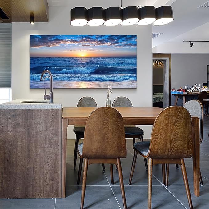 Wapluam Canvas Wall Art For Living Room Modern Decor For Bedroom Ocean Beach Wall Paintings Blue Sea View Wave Wall Pictures Prints Artwork Office Decor Room Aesthetic Home Decoration 20"X 40"