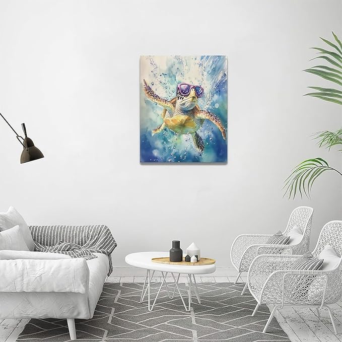 Sea Turtle Bathroom Decor Funny Turtle Ocean Bathroom Wall Art Sea Turtle Nautical Pictures Prints Turtles Gift Painting Sea Turtles Framed Artwork for Bedroom Living Room 16"x20"