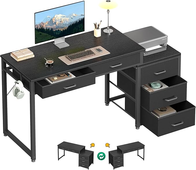 ODK Computer Desk with 5 Drawers, 53 Inch Office Desk with Printer Shelf, Reversible Gaming Desk for Home Bedroom, Writing Table Desk with Headphone Hook for Storage, Black