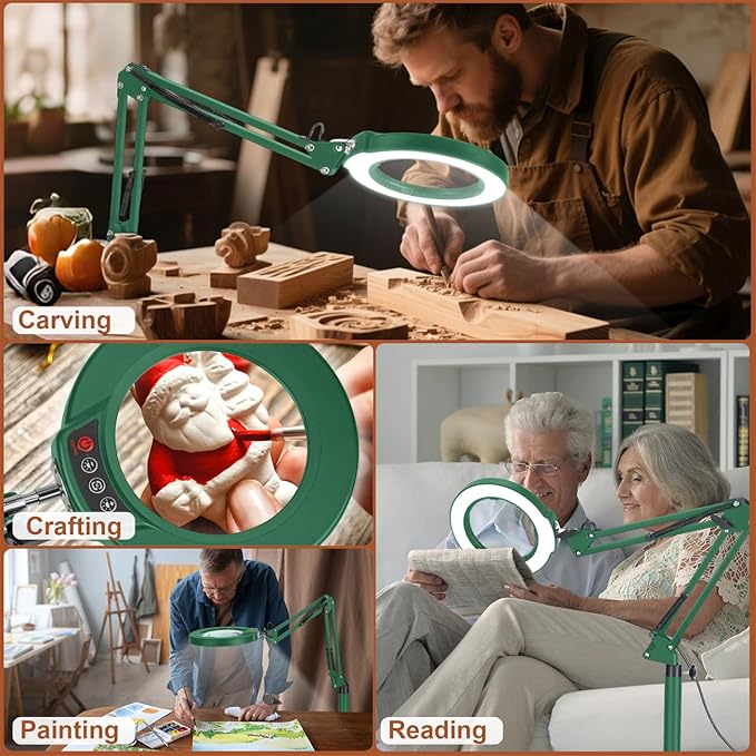 LANCOSC 10X Magnifying Glass with Light and Stand, 3-in-1 Adjustable Swing Floor Lamp, 5 Color Modes Stepless Dimmable, LED Lighted Hands Free Magnifier & Clamp for Reading, Crafts, Painting - Green