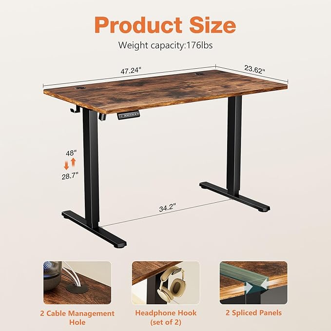 Sweetcrispy Electric Standing Desk Adjustable Height, 48x24 Inch Sit Stand Up Home Office Desks Computer Workstation PC Work Table with 3 Memory Preset Splice Wood Board Metal Frame, Rustic