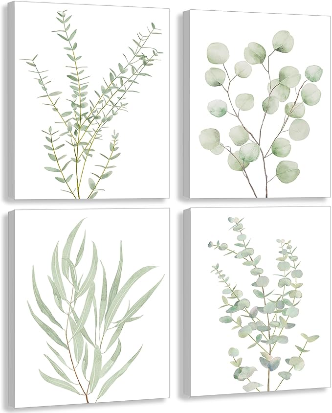 Erctoo Botanical Plant Canvas Wall Art, Framed Boho Wall Decor for Bathroom, Minimalist Aesthetic Bedroom Wall Art, Sage Green Eucalyptus Leaf Prints for Office, Set of 4PCS, 8”X10”