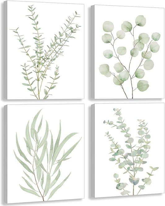 Erctoo Botanical Plant Canvas Wall Art, Framed Boho Wall Decor for Bathroom, Minimalist Aesthetic Bedroom Wall Art, Sage Green Eucalyptus Leaf Prints for Office, Set of 4PCS, 8”X10”