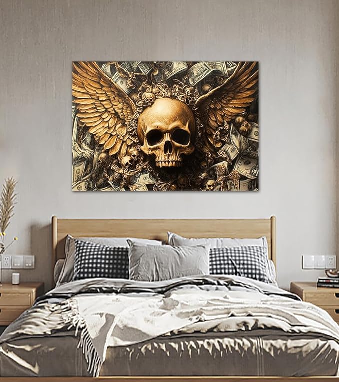 Large Money Wall Art Golden Wings Skull and Dollar Bills Posters Wall Decor Gothic Canvas Print Artwork for Living Room Bedroom Dark Fantasy Themed Decoration 28x44inch