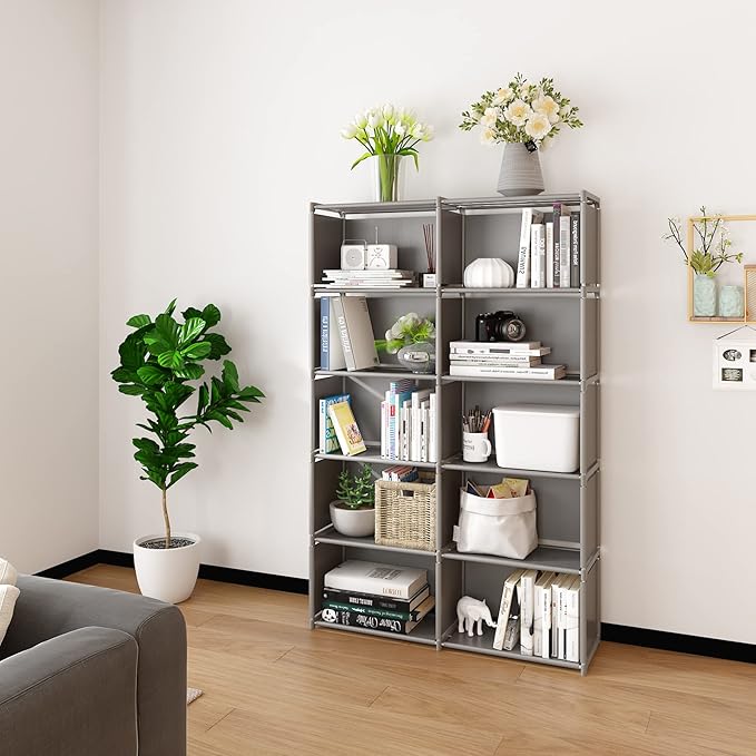 MOYIPIN Bookshelves, Assembled Storage Rack, Bedroom Living Room Vertical Cabinet Bookshelf, Double Row 10-Grid Multi-Functional Storage Equipment (Grey)