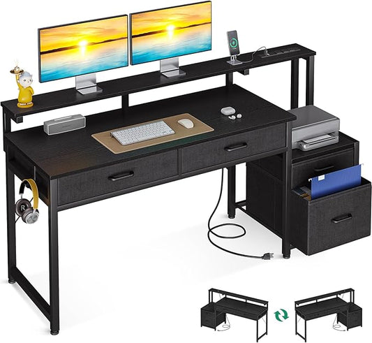 AODK Computer Desk with 4 Drawers, 55 Inch Office Desk with Printer Shelf & Built-in Power Outlet, Work Desk with Monitor Shelf for Home Small Spaces, Black