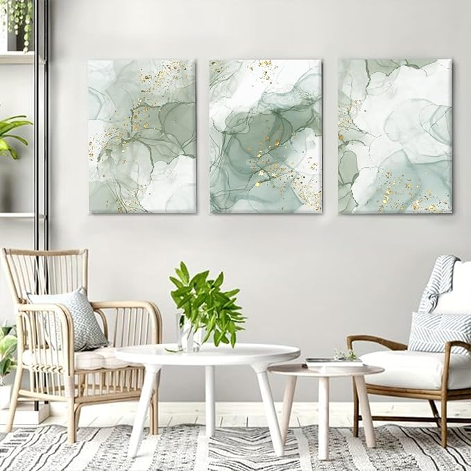 Green Wall Art Set of 3,Abstract Sage Green Wall Decor Living Room, Gold Green Beige Marble Large Framed Canvas Wall Art Mid Century Modern Art Pictures, Boho Green Aesthetic Wall Decor Bedroom Bathroom Office,16x24inch