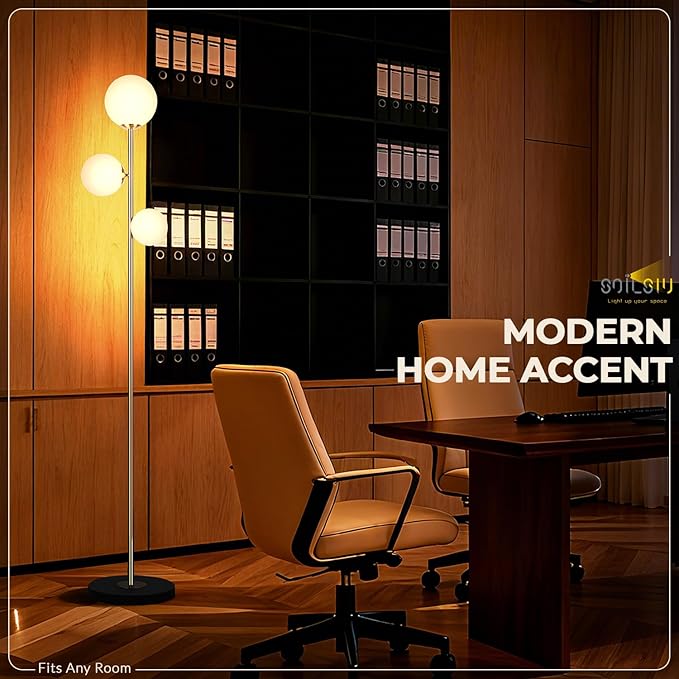 Soilsiu 3 Globe Floor Lamp - Mid Century Modern Standing Light with 3 Color Temperatures, LED Bulbs, Frosted Glass Shades for Living Room (Gold)