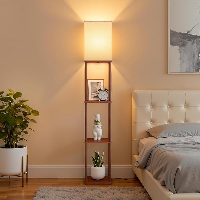 FOLKSMATE Floor Lamp with Shelves, 3-Tier Modern Square Bookshelf Floor Lamp, 3 Color Temperature Bulb Included, Floor Lamps for Living Room Bedroom Corner - Brown