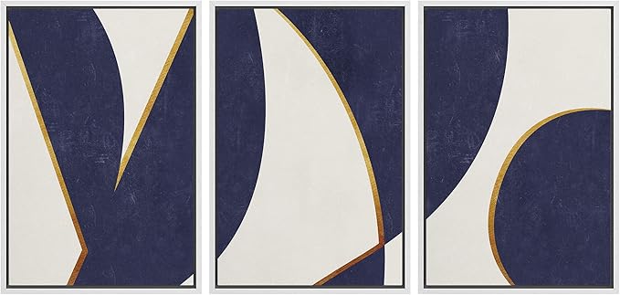 IDEA4WALL Framed Canvas Print Wall Art Set Art Deco Mid-Century Blue Gold Polygons Abstract Shapes Illustrations Modern Art Decorative Contemporary for Living Room, Bedroom, Office - 24"x36"x3 White