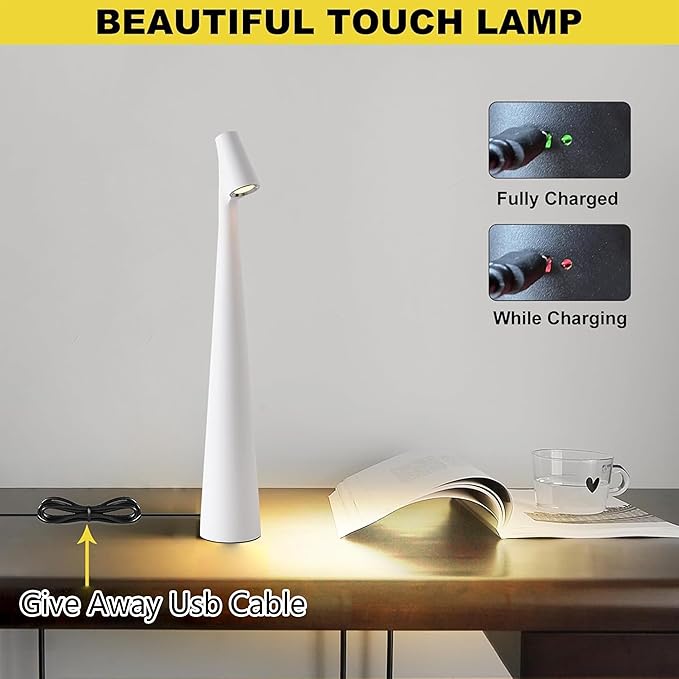 Portable LED Table Lamp with Touch Control, White, 3 Brightness Levels,2000mAh Battery, USB Rechargeable, Cordless, 4500K Color Temperature