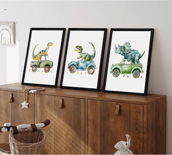 Dinosaur Nursery Wall Art Kids Canvas Poster Baby Boy Nursery Wall Decor Green Dino Pictures Toddler Prints Cartoon Dino Car Painting Boys Room Artwork for Bedroom Bathroom 12x16x3 Inch Wood Framed