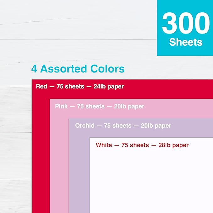 PrintWorks Valentine Paper 8.5" x 11" - 300 Sheets - 4 Colors (Red, Pink, White, & Orchid) - Ideal for School & Craft Projects - Made in The USA - 20 lb/75 GSM, 24 lb/89 GSM, 28 lb/105 GSM (00585)