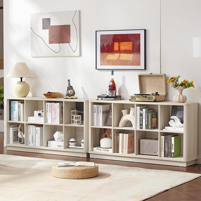 8 Cube Storage Bookcase, 52" Long Horizontal Book Shelf w/Curved Edge, Wood Low 2-Tier Cubby Console Bookshelf with Base, Modern Floor Standing TV Stand for Living Room, Gray-White Cream Oak
