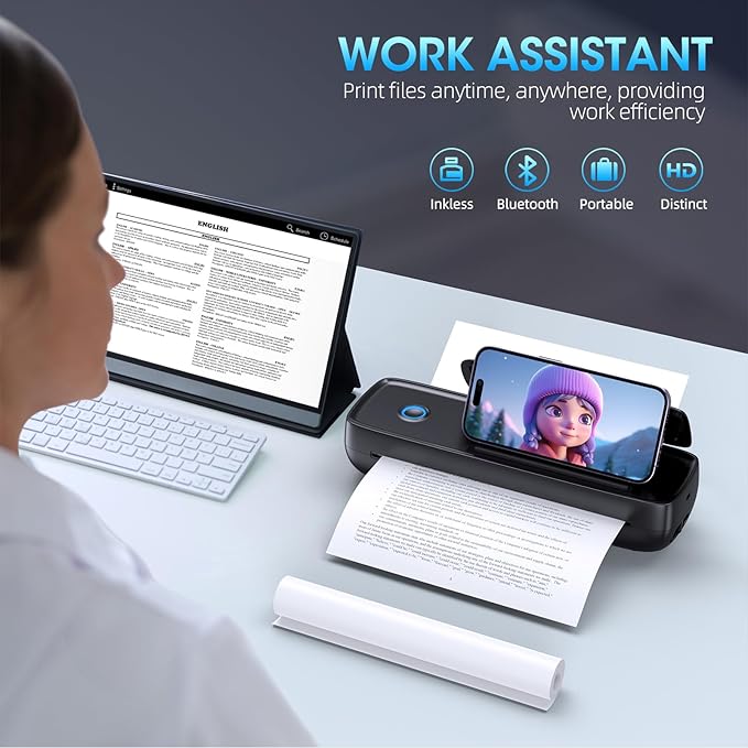 Aixiqee Portable Thermal Printer, Wireless & Bluetooth Mini Inkless Printer for Travel, Office, Home, Supports 8.5x11inch, Compatible with iPhone, Android, Laptop