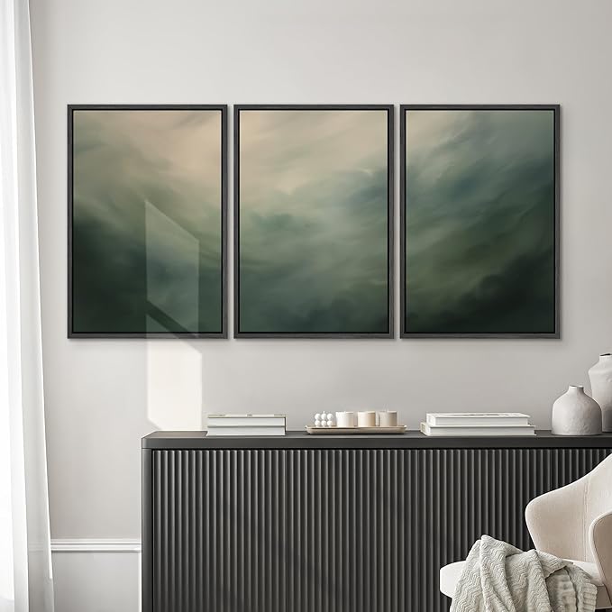 SIGNWIN Framed Canvas Print Wall Art Set Green Abstract Cloudy Landscape Illustrations Modern Art Decorative Boho Relax/Zen Nordic for Living Room, Bedroom, Office - 16"x24"x3 Black